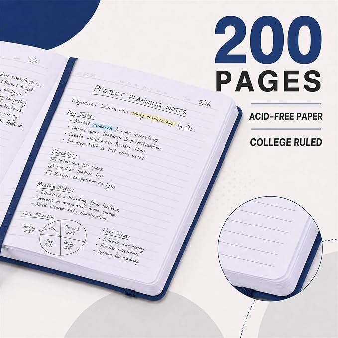 Hardcover-Journal-Notebooks, A5 Lined Journals Notebook for Writing 200 Pages, 8.2 x 5.5 inch, Classic Ruled Notebooks for Work/Travel/College (Navy Blue- 6 Pack)