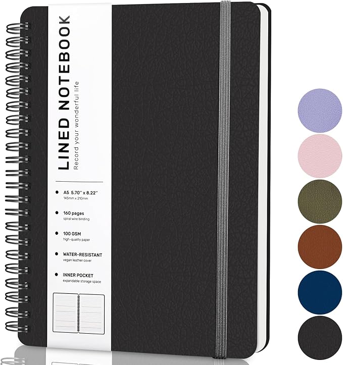 Lined Spiral Journal Notebook, A4 Hardcover Leather Notebook for Work, 8.5''×11'', 100GSM Thick Paper Spiral Bound Journaling Notebooks for Women & Men Office School Note Taking Business, Black