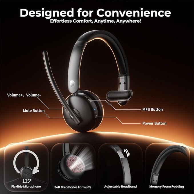 Wireless Headset with Mic for Work, Bluetooth Headset with Mic, AI Noise Cancelling, 65H Battery & Mute Function, Single-Ear Wireless Headset & USB Dongle, Fit for PC/Laptop/Teams/Call Center
