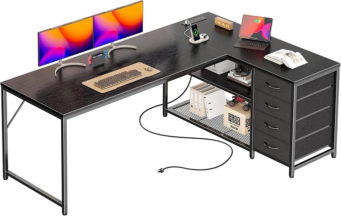 61" L Shaped Desk with Power Outlets & 4 Drawers | Reversible Computer Desk with 2 Storage Shelves, Large Corner Office Desk for Gaming Writing Work Study, Black
