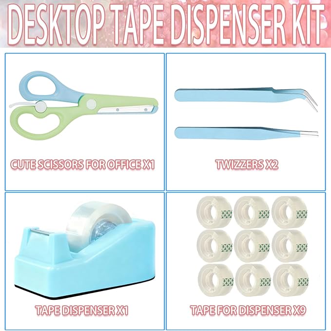 Desktop Tape Dispenser Kits with Weighted Nonskid Base Tape Dispenser- Includes 9 Rolls of Transparent Tape(0.71 Inch x 500 inches Each) & Blue Scissors, 2 Pcs Tweezers (Lake Blue)