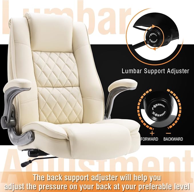 High Back Office Chair, Ergonomic Executive Computer Desk Chair | Flip Arms, Adjustable Built-in Lumbar Support, Thick Padded, Strong Metal Base, Quiet Wheels Work Chairs for Long Hours