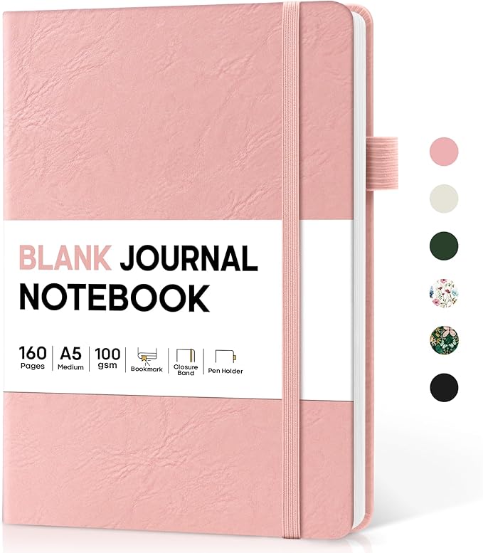 Taja Blank Journal Notebook for Women & Men, Hardcover Leather Journal for Writing, Sketch Book, A5 Plain Paper Notebook for Drawing & Sketching, Perfect for Office School Home Supplies, Pink
