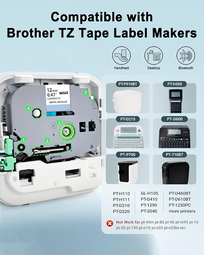 5 Multicolor TZ Tapes Replace for Brother P Touch Label Tape TZe | 12mm 0.47 Laminated Colored Tape TZe 231-735 White/Black/Red/Blue/Green for Brother Ptouch PTD210 PTP300BT PTD600 PT1280