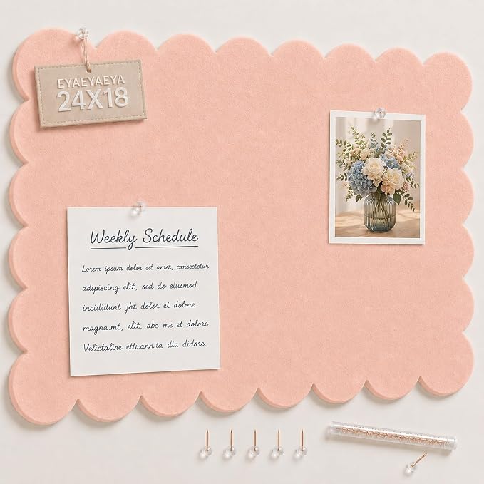 Scalloped Felt Bulletin Board 24 x 18 Inches,Decorative Wall Pin Board | Felt Memo Board for Dorm, College, Bedroom, Photos, Notes, Study Display and Wall Decor with Self Adhesive Backing (Pink)