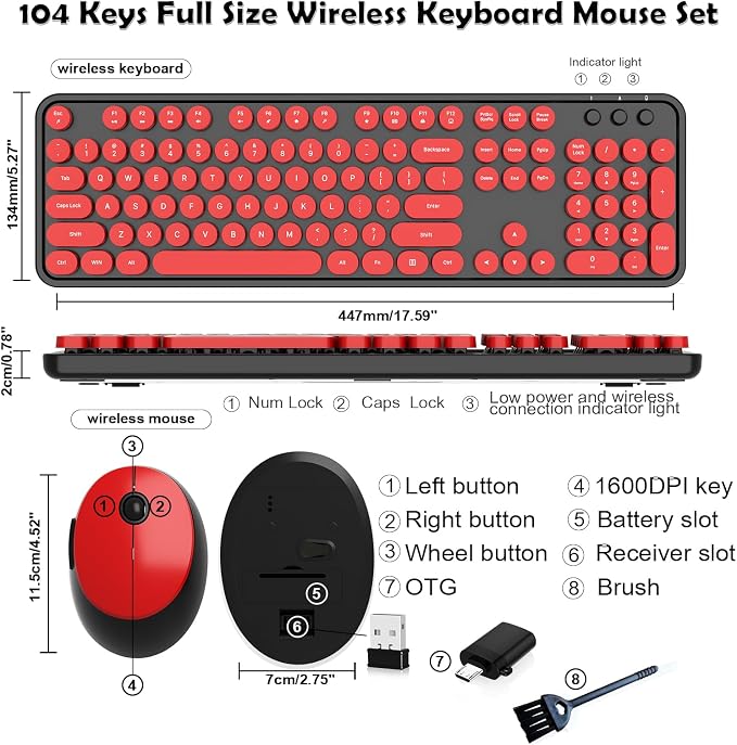 Wireless Keyboard and Mouse, COOFUN Retro Typewriter Keyboard with Round Keycaps, Full-Size Ergonomic, Ideal for Windows PC, Home, Office, and College Black and Red