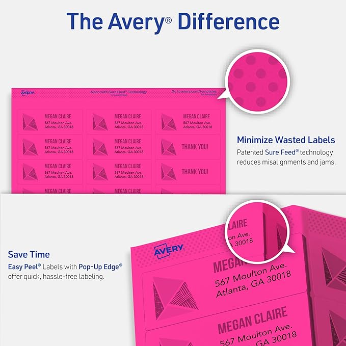 Avery Printable Address Labels with Sure Feed, 1" x 2-5/8", Assorted Neon Colors (Magenta, Green and Yellow), Laser & Inkjet Compatible, 450 Blank Labels Total (5979)