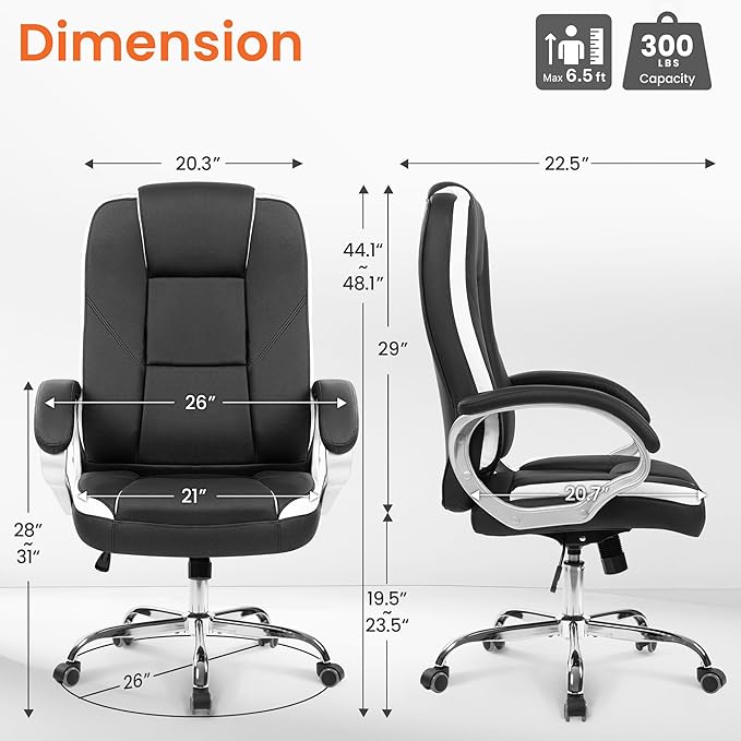 NEO CHAIR Office Desk Chair PU Leather Chair with Lumbar Support, Black | Ergonomic High Back Executive Computer Chair, Comfortable Padded Fixed Armrests Swivel Chair with Wheels for Office/Home