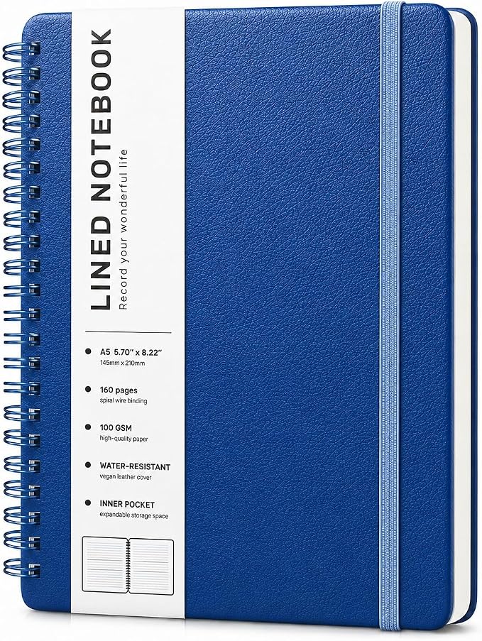 Lined Spiral Notebook for Women, A5 College Ruled Leather Spiral Journals | 160 Pages Small Journaling Notebooks, 5.7"x11" Note Book for Writing, Work, School, Men, Hardcover Leather Journals, Blue