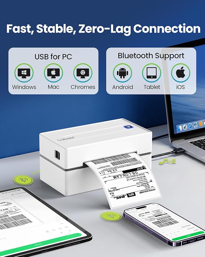 Labeer Bluetooth Thermal Shipping Label Printer with Label Holder, Wireless 4x6 Label Printer for Small Business, Compatible with iPhone, Android, Windows, Mac & Chromebook (White)