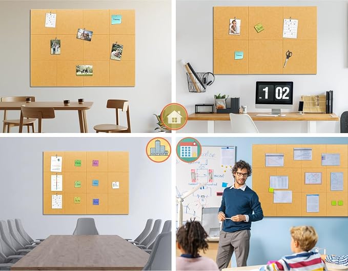 Felt Wall Tiles Bulletin Board Large Cork Board Alternative 6 Pack 11.81”x11.81”x0.47” Felt Pin Board Tack Board with Safe Removable Adhesive Tabs for Home Office School 36x24 (Bright Tan)