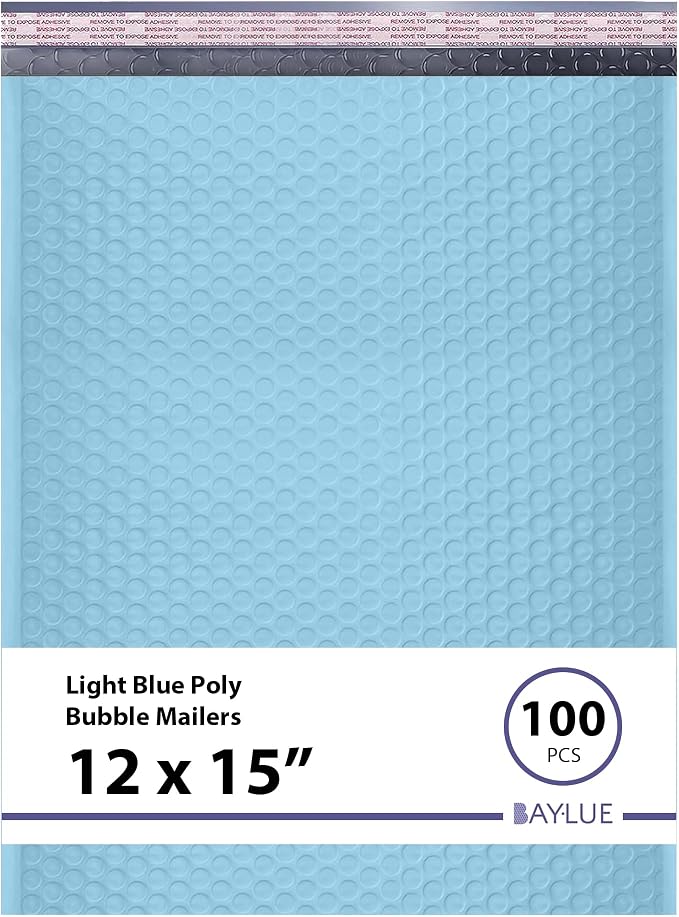 Light Blue Bubble Mailers 12x15, Self Seal Poly Padded Envelopes, 100 Pack | Holds Clothing & Bulk Items, No Tape Needed, Cushioned Protection, Water-Resistant Poly, Bulk Pack for Small Business