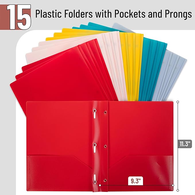 Mr. Pen- Plastic Folders with Pockets and Prongs, 15 Pack, Letter Size, Vintage Color, Flexible Plastic Folders with Prongs
