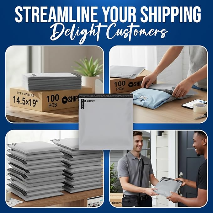 Shippozz 14.5x19 Poly Mailers 100 Pack, Durable Waterproof Polymailers for Shipping Clothes, Self Seal Mailing Bags for Small Business Packaging Supplies, Mailing Envelopes for Books, and Accessories