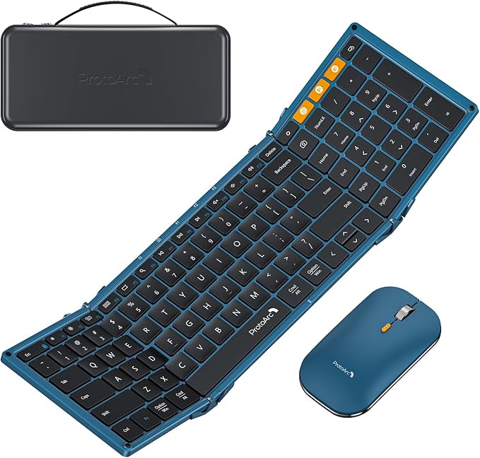 ProtoArc XKM01 Full-Size Foldable Keyboard Mouse Combo for Travel - Blue | 105-key keyboard, slim mouse, hard case and phone stand; 3-device Bluetooth & 2.4G switching, for travel office use
