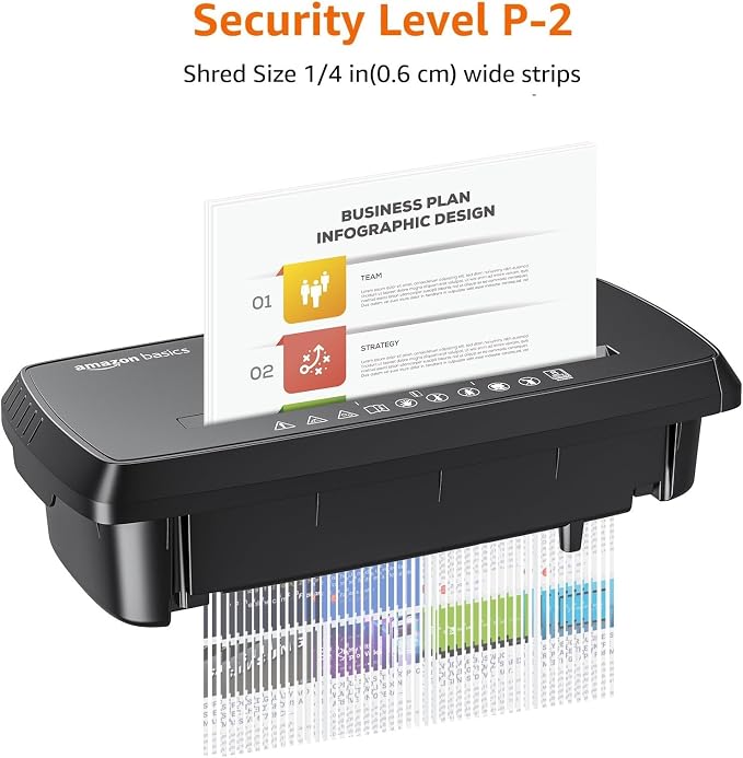 Amazon Basics 8-Sheet Strip Cut Portable Paper, CD, and Credit Card Shredder with Auto-Off, Overheat Protection, Compact Design, No Basket, Extendable Arm, Black