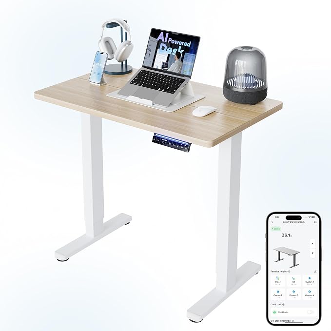 HUANUO AI-Powered Electric Standing Desk with Smart APP, Work with Alexa & Google, Adjustable Height, 6 Memory Settings, Sedentary Reminder, Ergonomic Sit-Stand Desk, 32-inch, Light Walnut | AI App & Voice Control via Alexa, Google Assistant & Siri Sho...