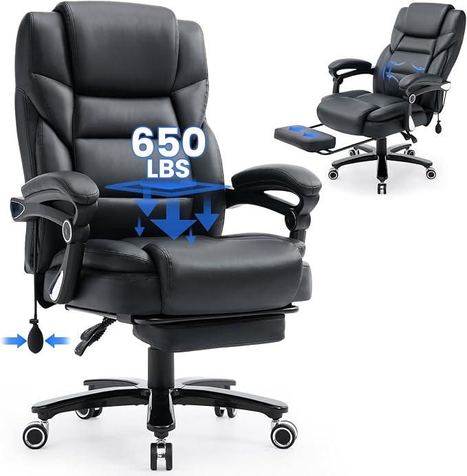 650lbs Big and Tall Office Chair Support for Heavy People,Reclining Executive Office Desk Chair with Foot Rest,Ergonomic High Back PU Leather Computer Chair with Adjustable Lumbar Support,Black