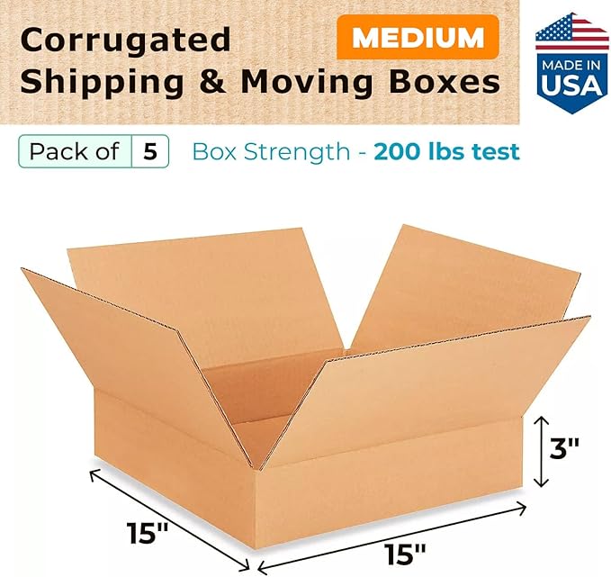 Medium Moving & Shipping Boxes 15 x 15 x 3 inches (5-Pack) - Extra Strength 200 lb vs Regular - USA-Made Corrugated Packing Boxes - Strong Box Shipping - Cardboard Box for Shipping by IDL Packaging