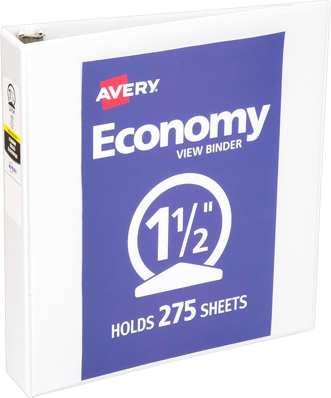 Avery Standard View 3 Ring Binder, 1.5" Round Rings, 275-Sheet Capacity, 2.1 Inch Wide Spine, 1 White Binder, Ideal for Lightweight Organization and Occasional Referencing (05726)