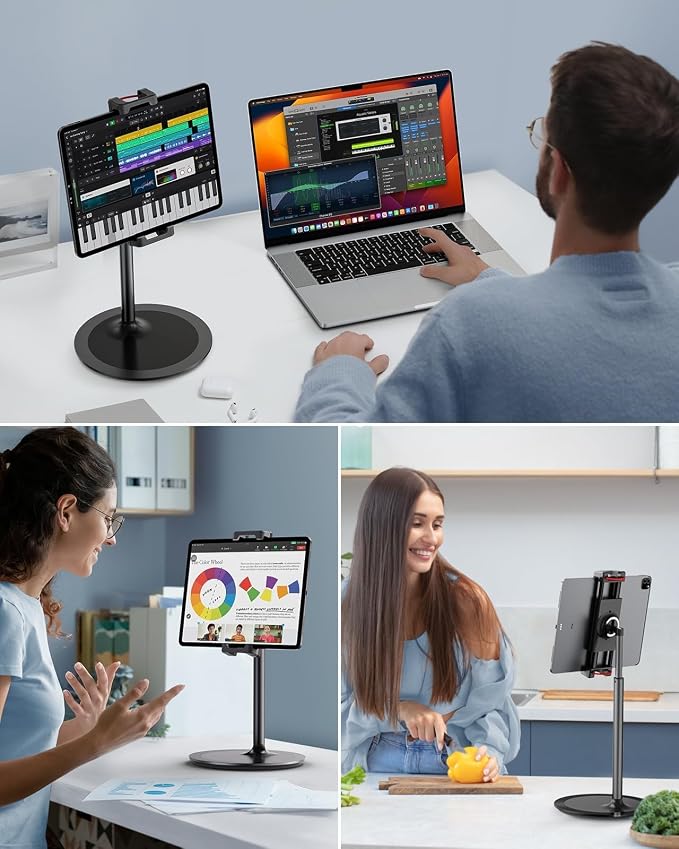 SAIJI iPad Stand for Desk - Height Adjustable & Weighted Base Phone Holder | Aluminum Stand with a 360° Rotating Clamp, Extra Tall, for iPad Air/Pro iPhone & Portable Monitor, Fits 4.7"–15.6" Screens