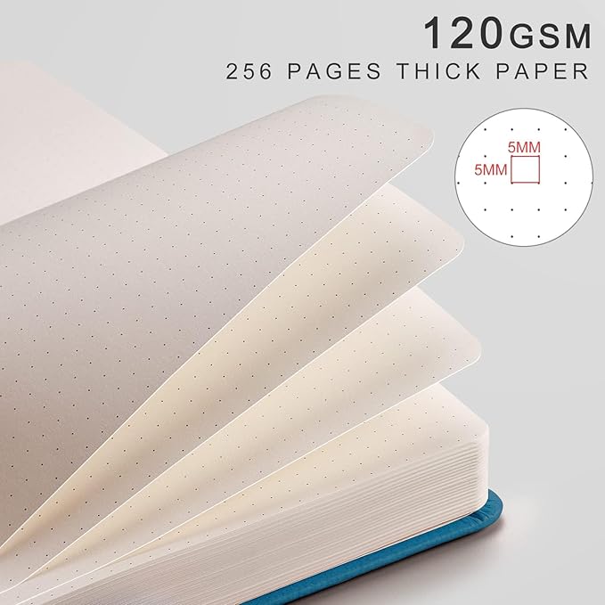EMSHOI Dotted Journal Notebook, 256 Pages, 120 GSM Thick Paper, A5 Small 5.75"x8.38", PU Leather Hardcover, 5mm Dot Grid Notebook for Journaling, Planning, Drawing, Writing, Light Blue