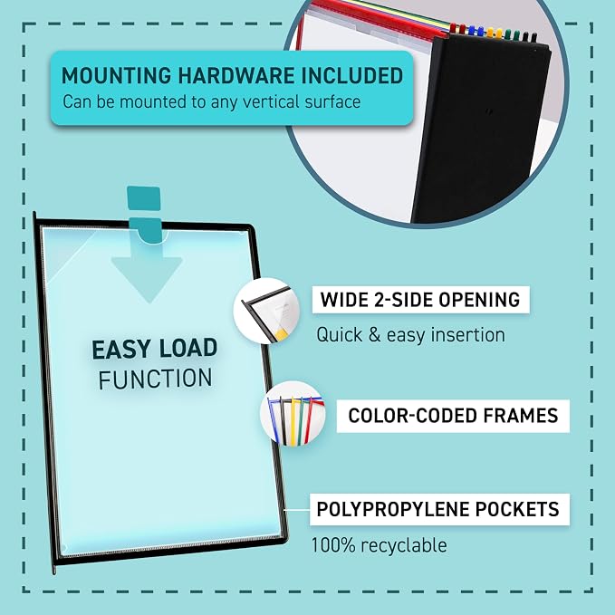 Tarifold Wall Mount Reference System, 10 Easy-Load Pockets, Assorted Colors | 10 Double-Sided Polypropylene Pockets, Holds 20 Letter-Size Sheets, Sturdy Wall-Mount Bracket, Quick and Easy to Install