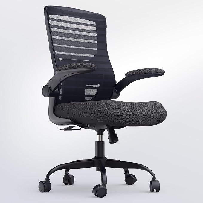 Office Desk Chair for Long Hours & Lower Back Pain Relief – 4“ Thick Molded Foam Cushion, Enhanced Lumbar Support, Padded Flip-up Armrests, Ideal for Office or Study, Black