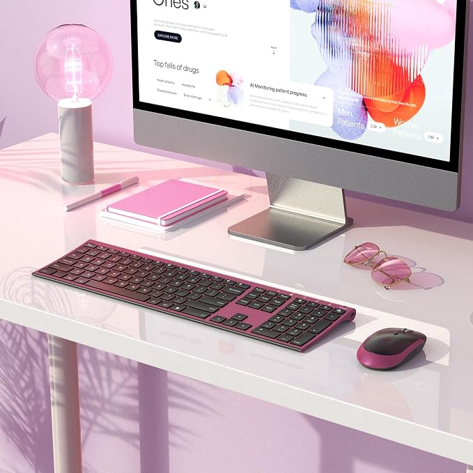 Vssoplor Wireless Keyboard and Mouse, Rechargeable Ultra Slim, Wine Red | Quiet Full-Size Keyboard and Mouse Combo Set, for Laptop, PC, Notebook, Desktop, 2.4GHz Stable Connection, Ideal for Office