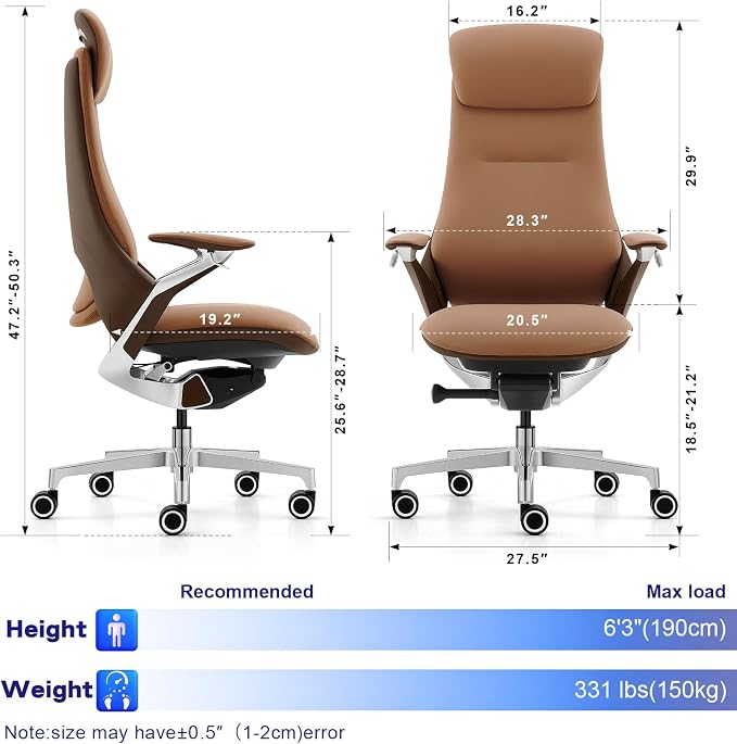Genuine Leather Executive Office Chair，Top-Grain Cowhide, Ergonomic Design | Adjustable seat and headrest heights, 3-position recline (lockable)—suitable for home offices and high-end office settings.