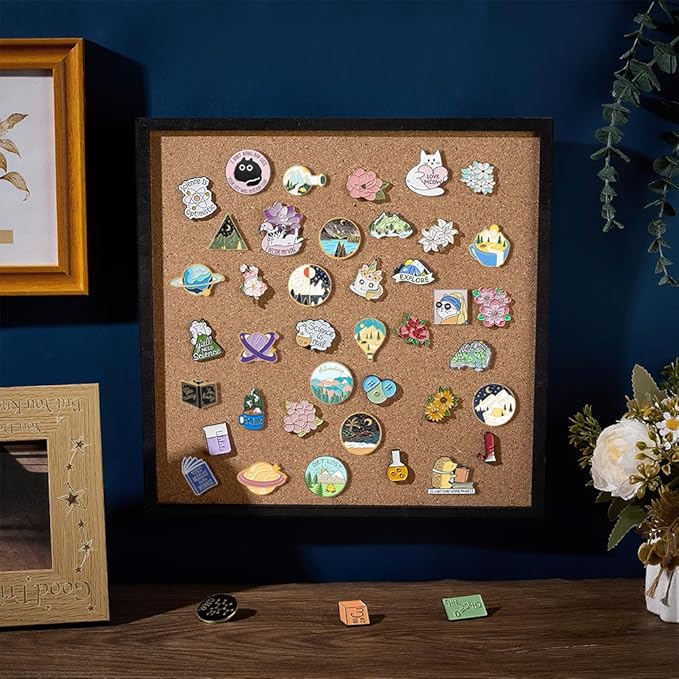BENECREAT Pin Board Square Cork Board with Black Frame, 11.8x11.8inch Wall Mounted Cork Board for Brooch Pin Storage, Office Home Festival Wedding Decor, 0.7inch Thick