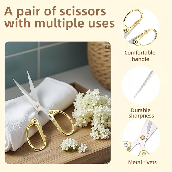 5" Stainless Steel Scissors Sharp Blades - Ambidextrous Comfort Grip Multipurpose for Office, Home, School, Crafts, Fabric - Ideal Gift (Gold)