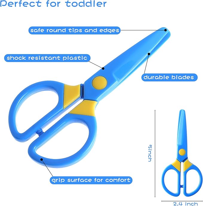 3-Pack Toddler Safety Scissors Kit - Child-Safe Preschool Training Scissors & 60 Sheets Craft Paper | Ergonomic Blunt Tips, Early Childhood Development Tools for Kids 2-5 Years