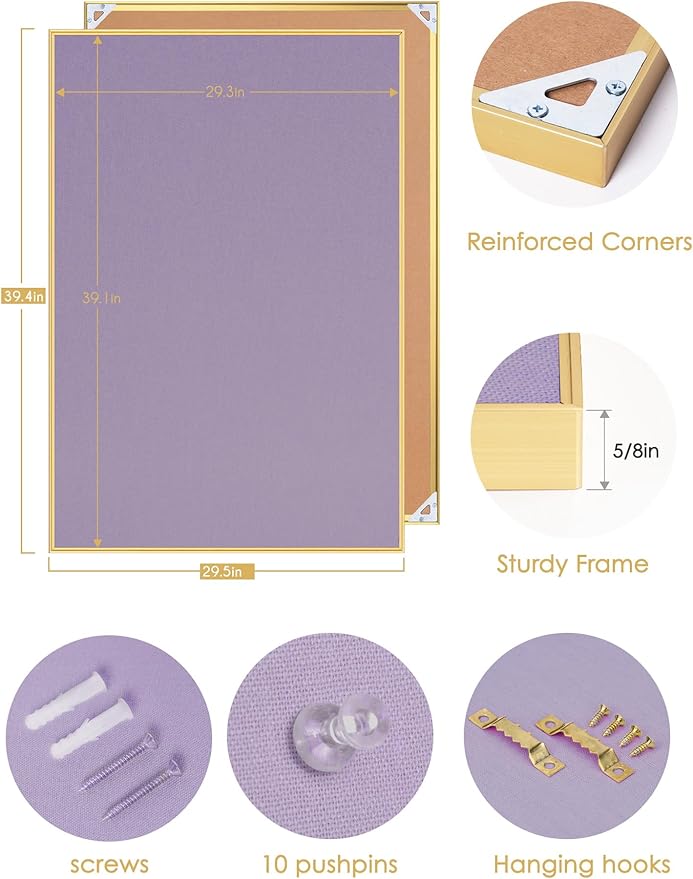 Bulletin Board 40 x 30 inches, Mystic Violet Pin Board, Golden Aluminum Framed Fabric Cork Board with 10 Push Pins