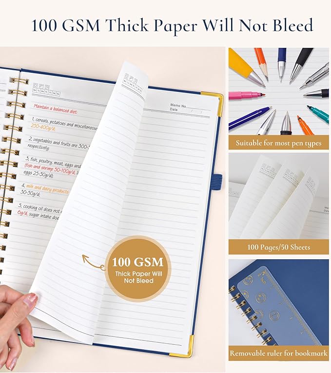 Hardcover Spiral Notebook Journal 8.5” x 11”, A4 Large Leather Notebooks for Women Men, Lined College Ruled Notebook, 100 GSM Paper, Spiral Bound Journals for Work School Note Taking Business, Navy