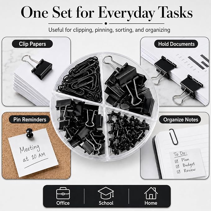 Paper Clips Binder Push Pin Set, Assorted Sized Binder Clips | Cute Office Supplies, Aesthetic Desk Accessories Teachers Desk Must Have, Paper Clips and Binder Clips Set, Black, 1 Pack