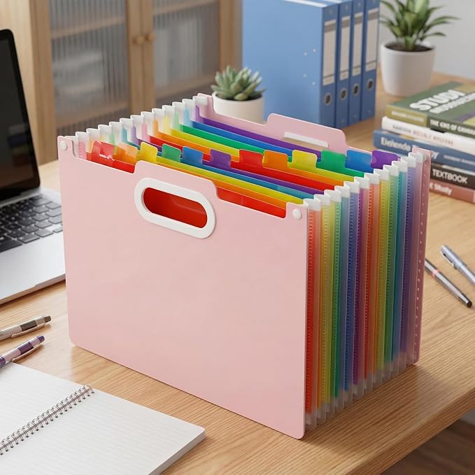 Comix Expanding File Folder,14 Pockets Accordion File Organizer, Pink | Letter/A4 Size Document Organizer, For Home Office School