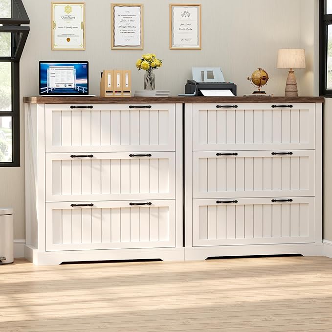 SEDETA 3 Drawer File Cabinet, Farmhouse Filing Cabinet for Home Office, Wood Office File Cabinets for Letter/Legal/A4 Size, Lateral File Cabinets with Printer Stand, White + Brown