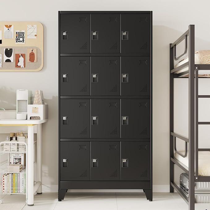 Metal Lockers for Employees-12 Doors Storage Locker with Shelves and Lockable Steel Cabinet for School,Gym,Office,Staff,Assembly Required,Black