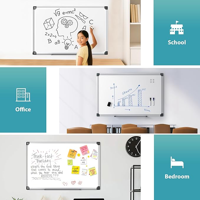 24"x18" White Board for Wall, Aluminum Frame Dry Erase Board, Hanging Magnetic Whiteboard with 1 Eraser & 2 Markers & 4 Magnets for Home, School, Office, Dorm Room, Classroom