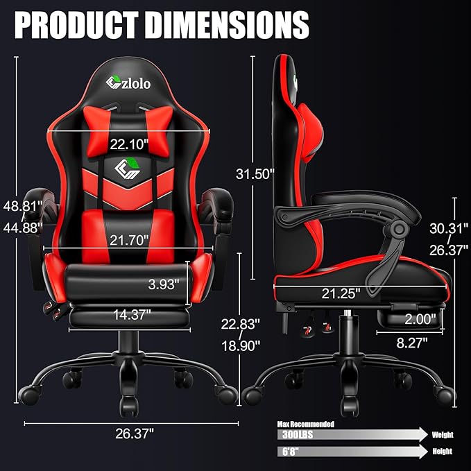 Gaming Chair, Ergonomic Office Computer Chair with Footrest and Lumbar Support Massager Racing Style High Back Video Gamer Chair, Wide＆Thick Cushion, 90°-135° Recline, Adjustable Height, Red