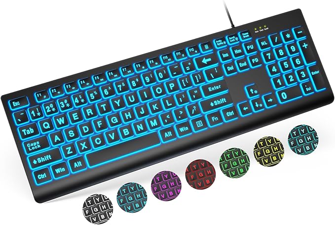 SABLUTE Large Print Backlit Keyboard, Wired USB Lighted Computer Keyboards with 7-Color & 4 Modes Backlit, Oversize Letters Keys Easy to See and Type, Keyboard Compatible for PC, Laptop