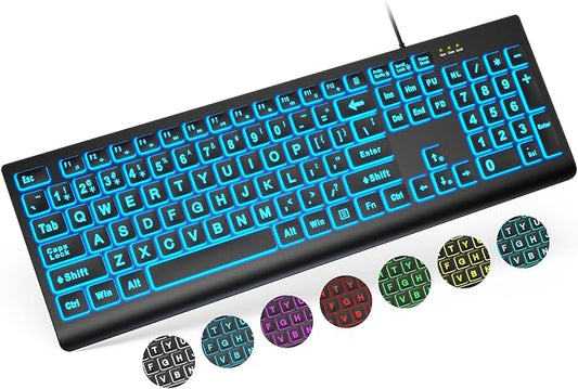 SABLUTE Large Print Backlit Keyboard, Wired USB Lighted Computer Keyboards with 7-Color & 4 Modes Backlit, Oversize Letters Keys Easy to See and Type, Keyboard Compatible for PC, Laptop