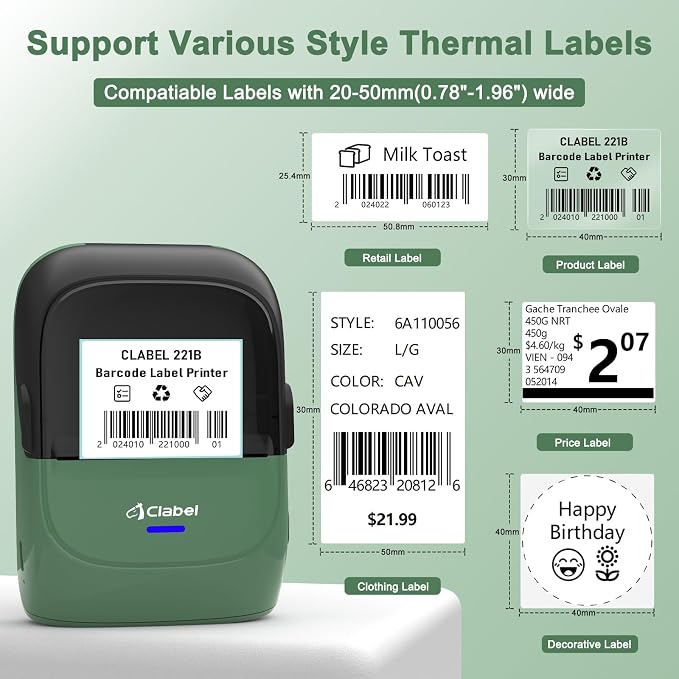 CLABEL Thermal Label Maker Machine: 2 Inch Portable Bluetooth Label Printer 221B Mini Wireless Barcode Printer Compatible with iOS & Android for Small Business Home Office Organization (Green)