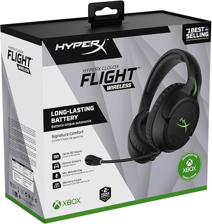 HyperX CloudX Flight – Wireless Gaming Headset, Official Xbox Licensed, Compatible with Xbox One and Xbox Series X|S, Game and Chat Mixer, Memory Foam, Detachable Noise-Cancellation Microphone