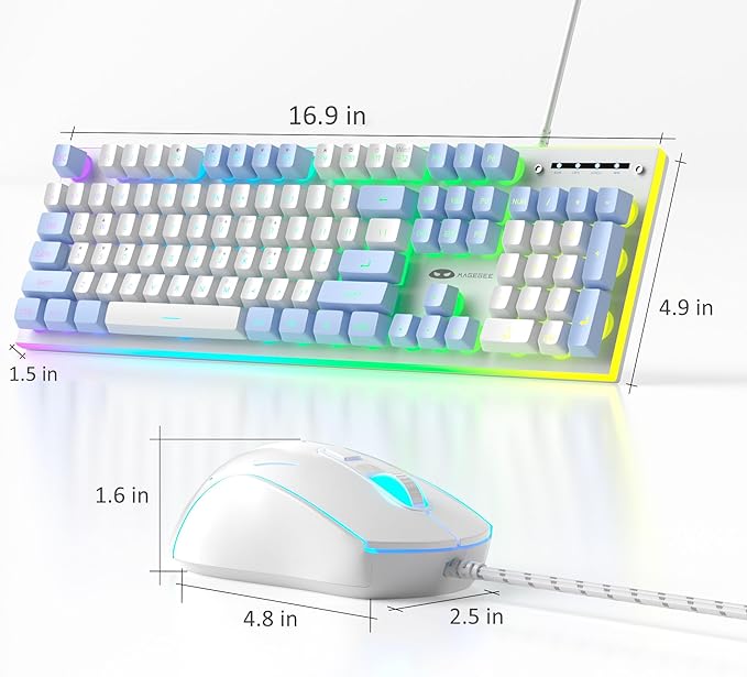 MageGee GT838 Gaming Keyboard and Mouse Combo, 104 Keys RGB Backlit Quiet Wired Keyboards for Laptop PC MAC, with Number Pad, Metal Panel, Anti-Ghosting, White Blue