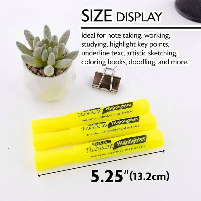 BAZIC PRODUCTS Yellow Highlighters, Chisel Tip, 3 Count, 144-Case | Quick-dry, Yellow fluorescent desk-style highlighters, wide barrel, non-toxic ink, ASTM D-4236, odorless