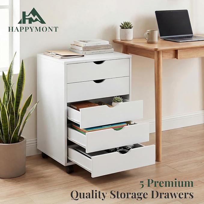 5 Drawer Mobile File Cabinet, Printer Stand with Wheels | Wood Under Desk Storage Cabinet, Rolling Printer Cart, Vertical Filing Chest for Small Space, Home Office, Living Room, White