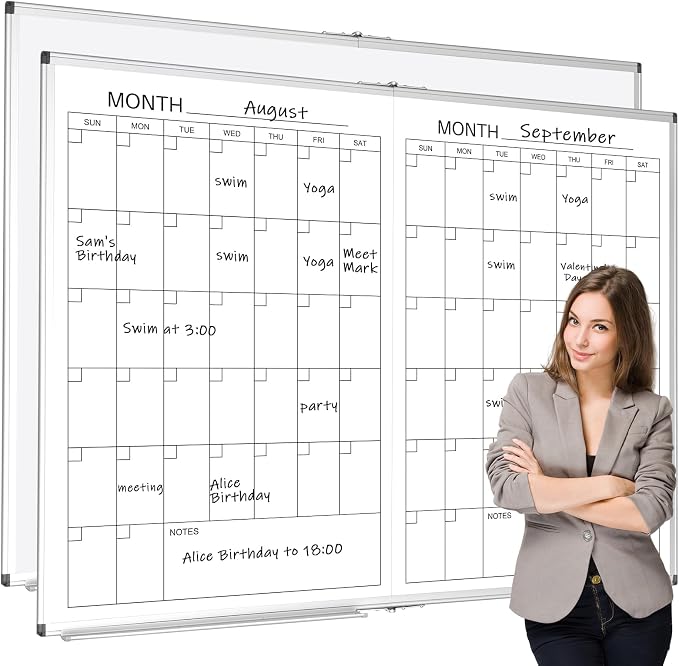 Large 48" x 36" Magnetic 2 Month Dry Erase Calendar White Board Foldable Whiteboard Calendar for Wall Mounted 2 in 1 Double Side Whiteboard with Dry Erase Board for Wall Office Home