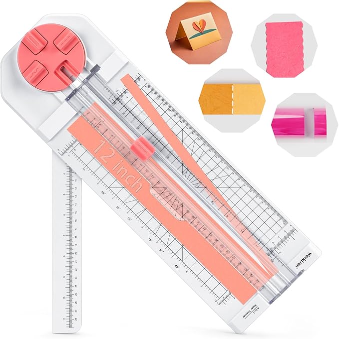 Paper Cutter for Craft：Paper Trimmer, Perforator, Folding, Pinking Cutting on Paper, Vinyl, Cardstock, Photo for Scrapbooking and Cardmaking Plus Sideways Ruler, Pink, Worklion